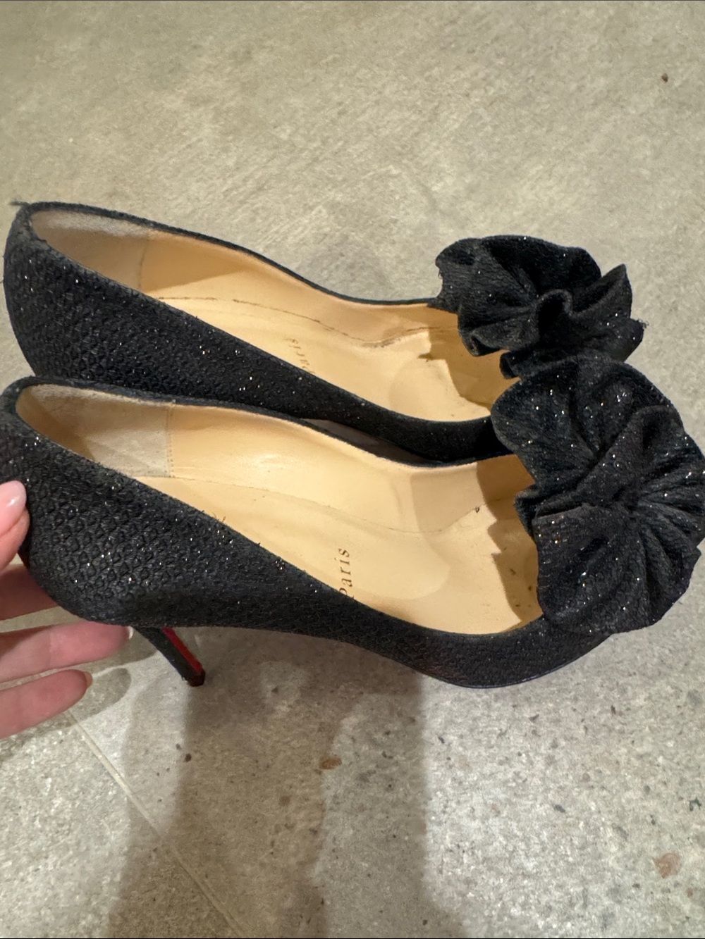 Christian Louboutin Black Glitter Bow Pointed-Toe Pumps
